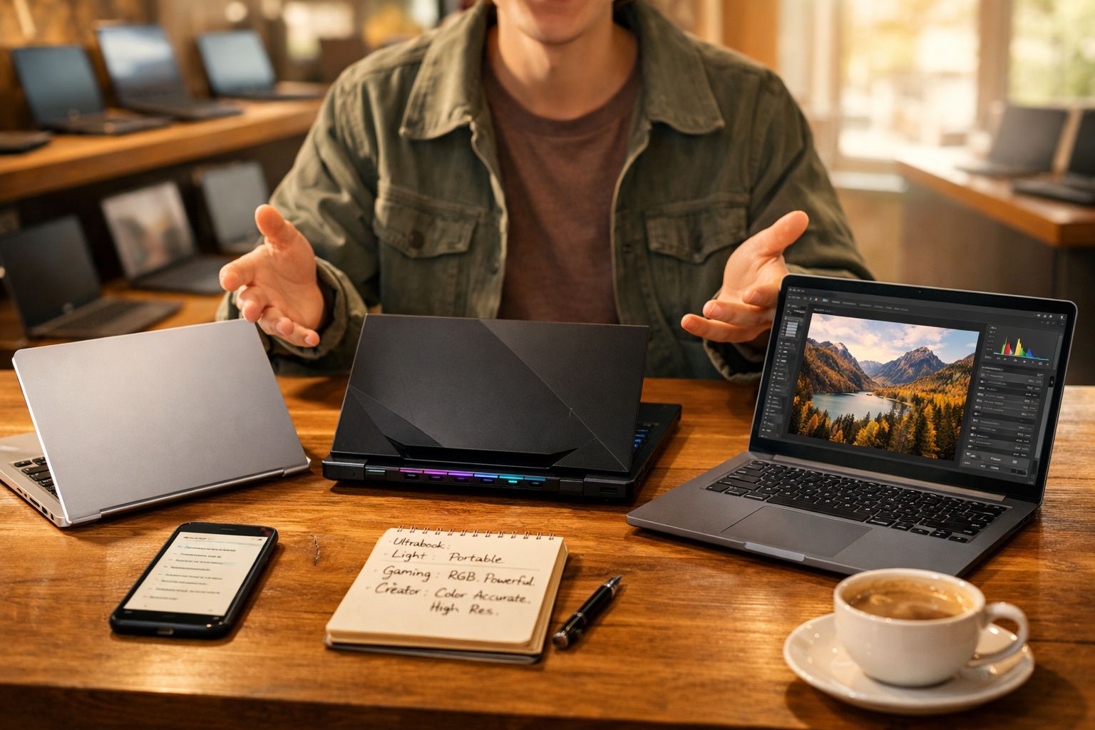Pessoa comparando três laptops com notas e smartphone sobre mesa de madeira em ambiente iluminado.