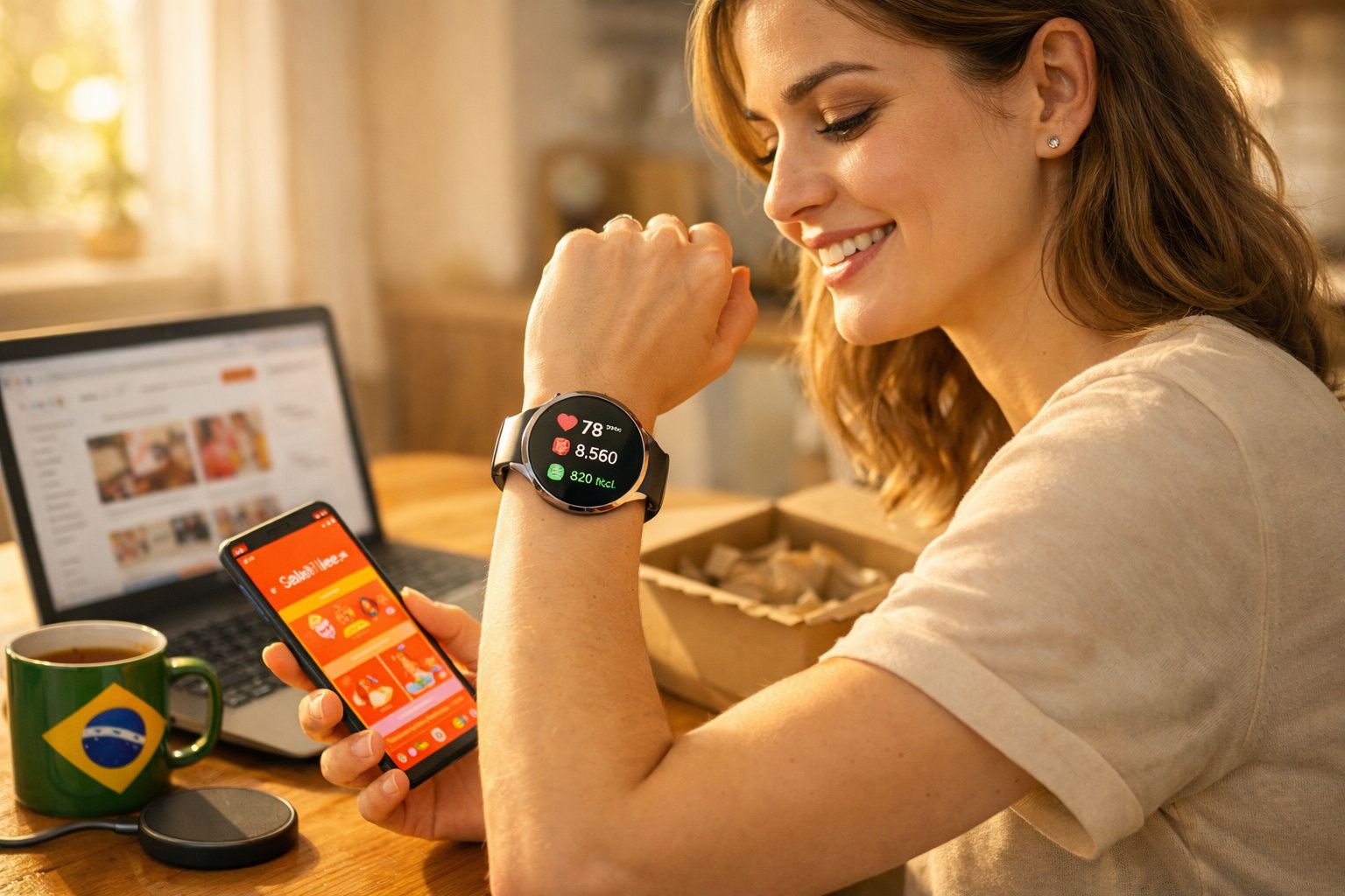 Mulher sorridente olhando smartwatch com dados de saúde, segurando celular, com laptop e caneca ao fundo.