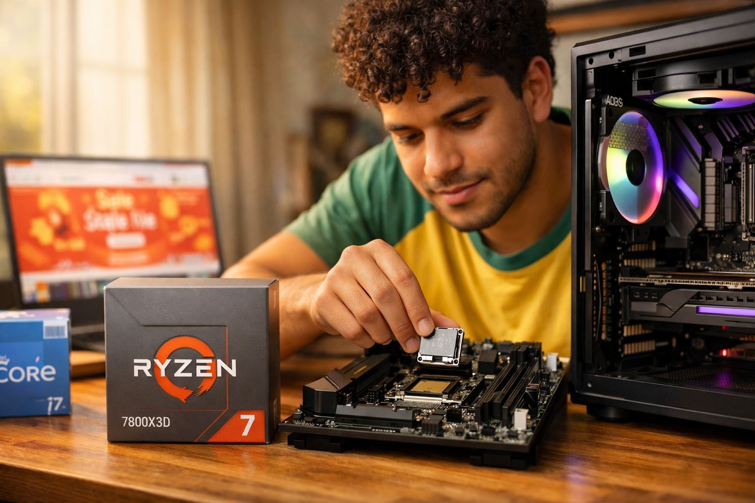 Jovem monta computador, instalando processador Ryzen 7 7800X3D em placa-mãe com PC montado ao lado.