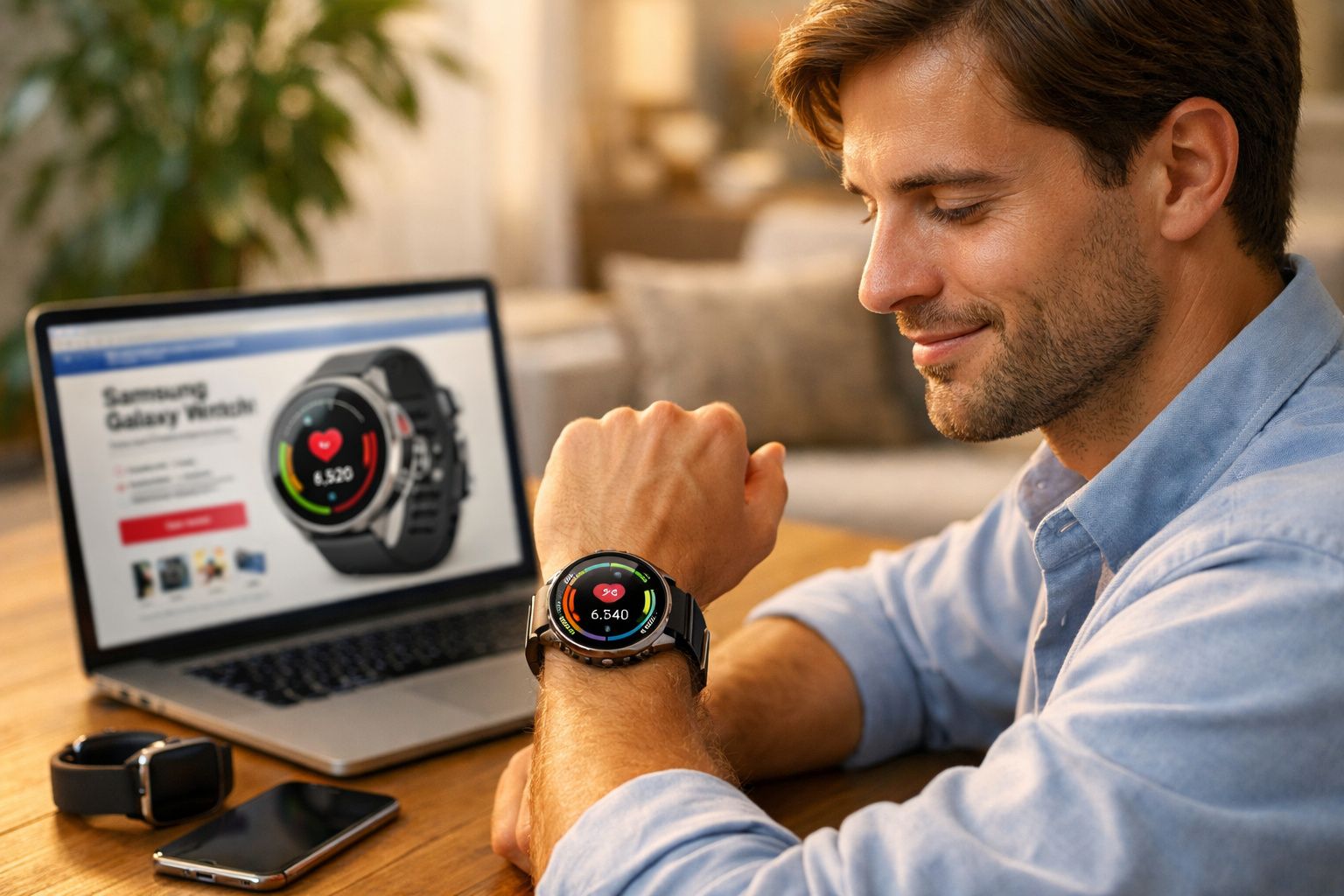 Homem conferindo os dados de um smartwatch Samsung Galaxy Watch em seu pulso, ao lado de um laptop.