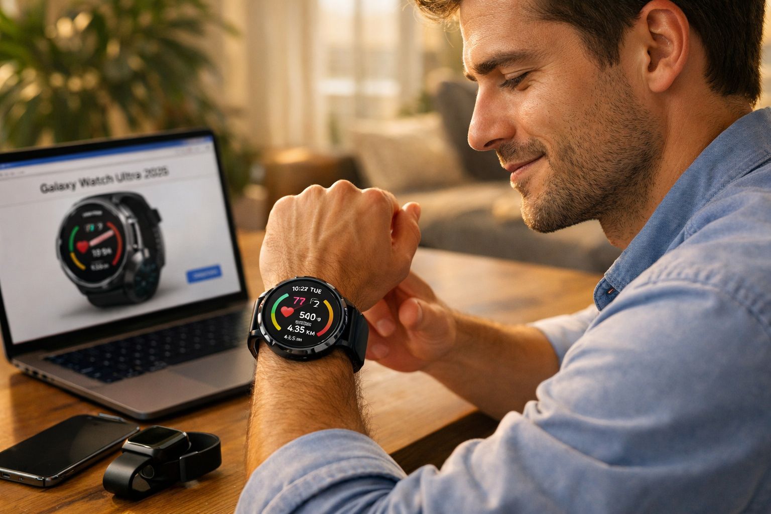 Homem olhando relógio inteligente Galaxy Watch Ultra 2023 enquanto está sentado à mesa com laptop aberto.