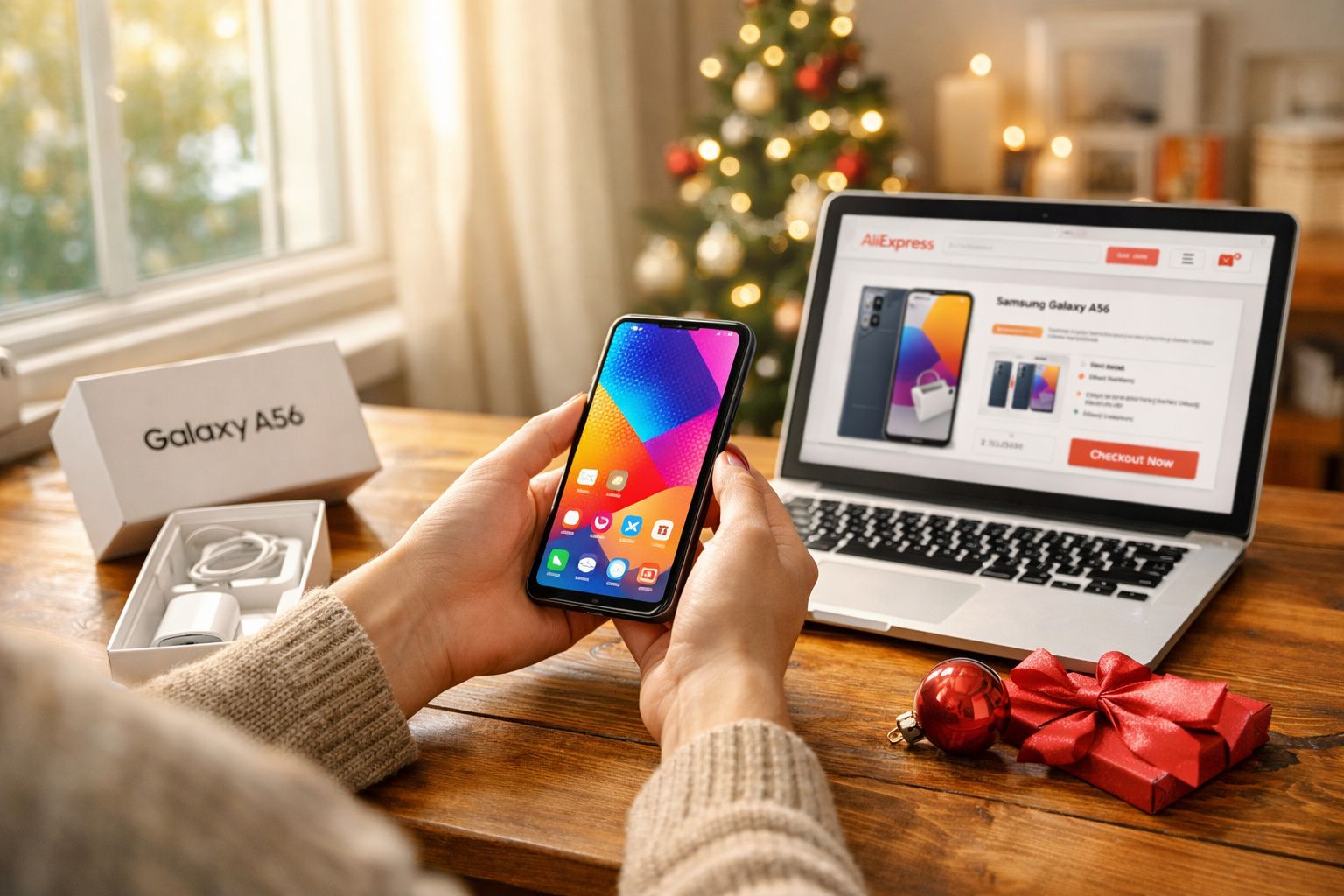 Pessoa segurando celular Samsung Galaxy A56 com caixa aberta e laptop mostrando loja online na mesa de madeira.