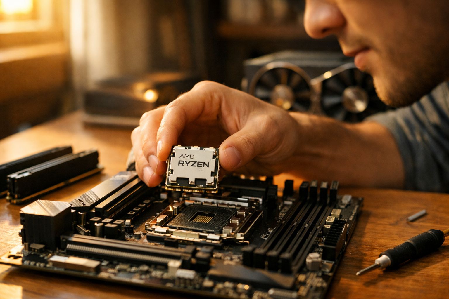 Pessoa instalando processador AMD Ryzen em placa-mãe sobre mesa de madeira.
