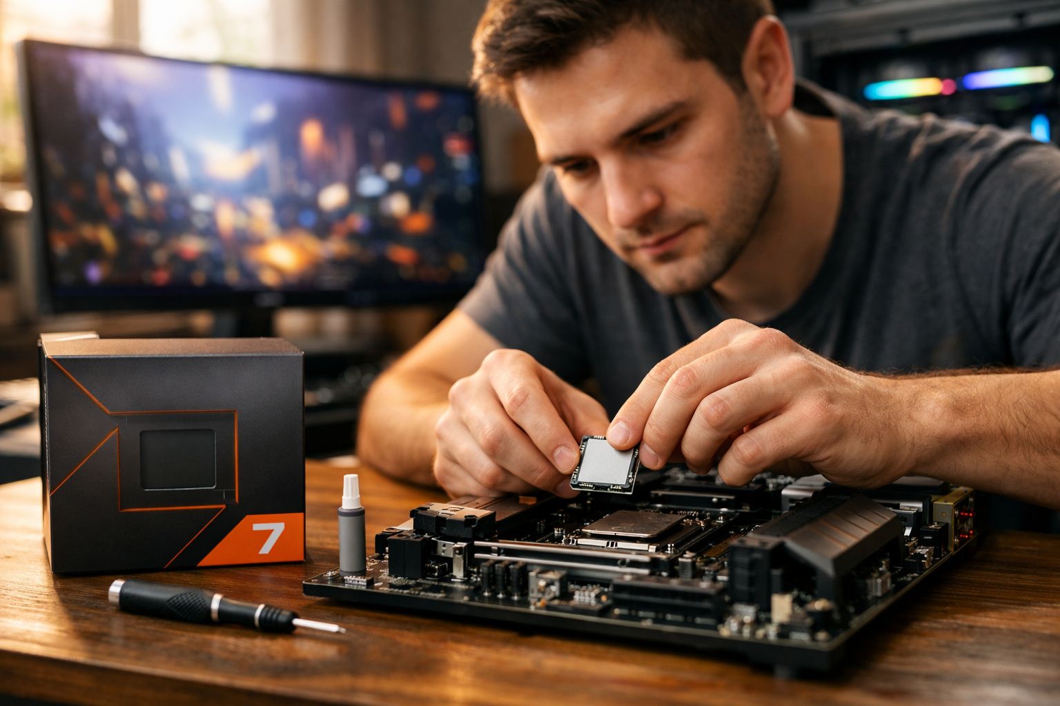 Homem instalando processador em placa-mãe com caixa de processador e ferramentas ao redor em mesa.