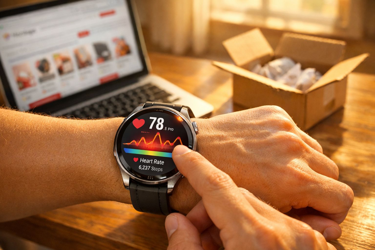 Pessoa usando relógio inteligente que mostra batimentos cardíacos e passos na tela, com laptop e caixa ao fundo.