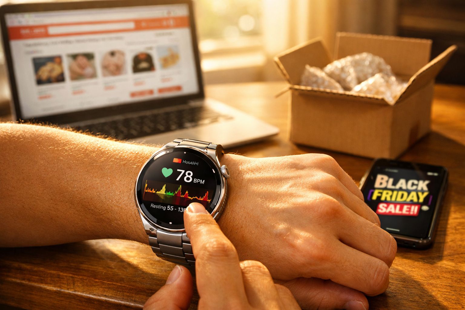 Pessoa usando relógio inteligente mostrando batimentos cardíacos, celular com promoção Black Friday, e laptop ao fundo.