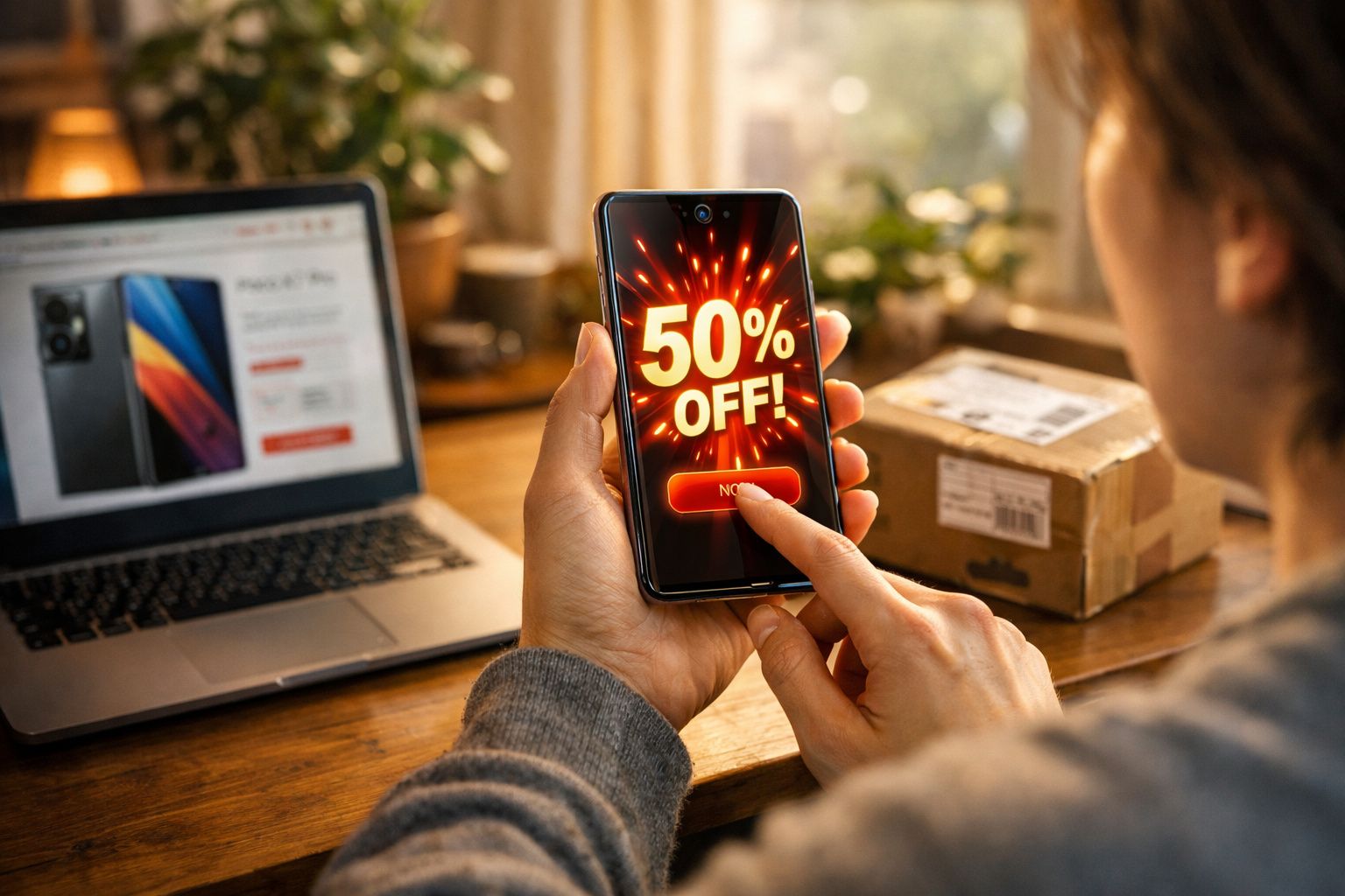 Pessoa segura celular com oferta de 50% de desconto em loja online, próximo a laptop e encomenda.
