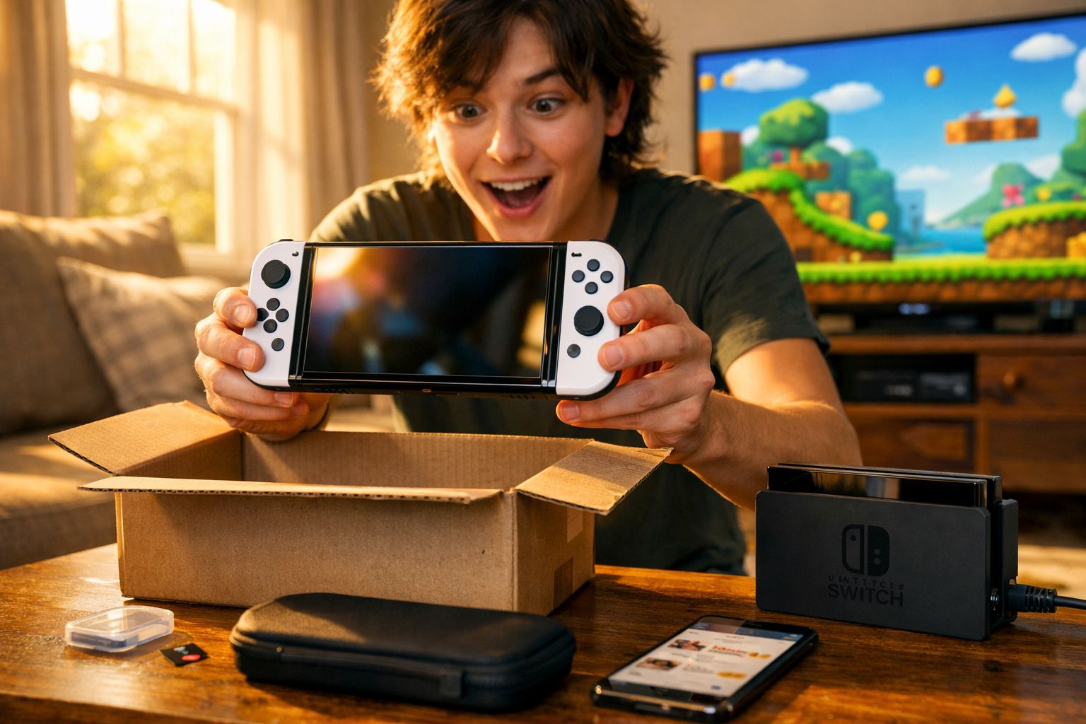 Jovem surpreso segurando console Nintendo Switch recém retirado de uma caixa em sala iluminada.