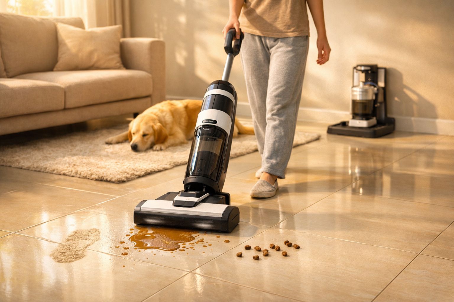 Pessoa limpando líquido e ração espalhados no chão da sala com aspirador vertical preto e branco.