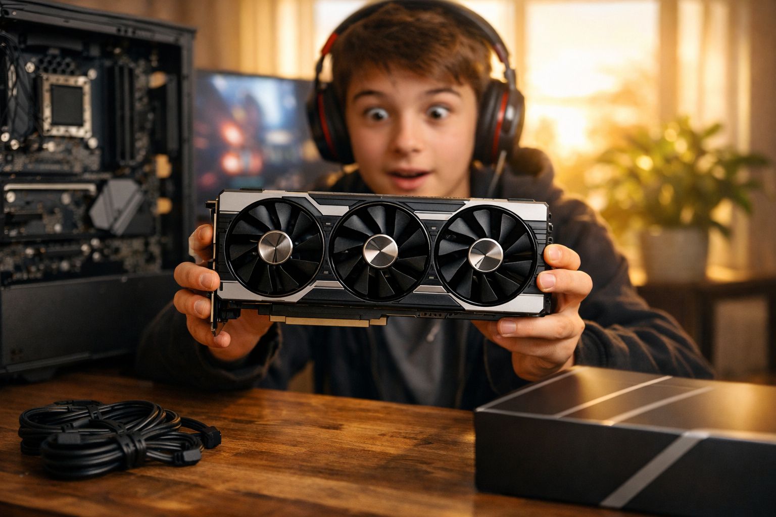 Adolescente segurando placa de vídeo com expressão surpresa em ambiente interno de montagem de computador.