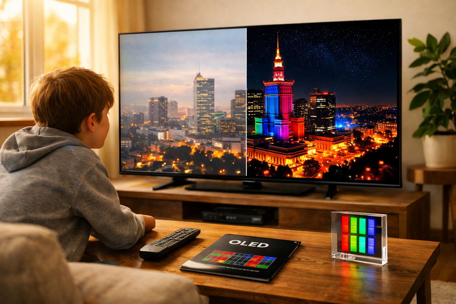 Menino sentado assistindo TV com imagem dividida entre cidade ao amanhecer e prédio iluminado à noite.