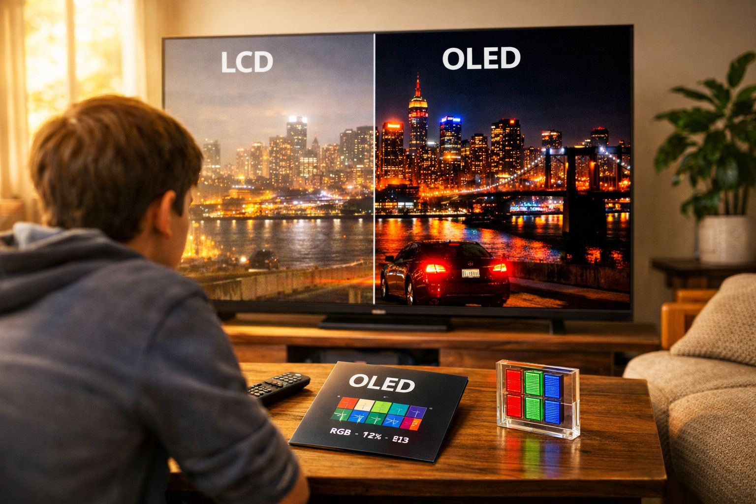 Homem sentado assistindo TV comparando qualidade de imagem entre LCD e OLED de paisagem noturna.