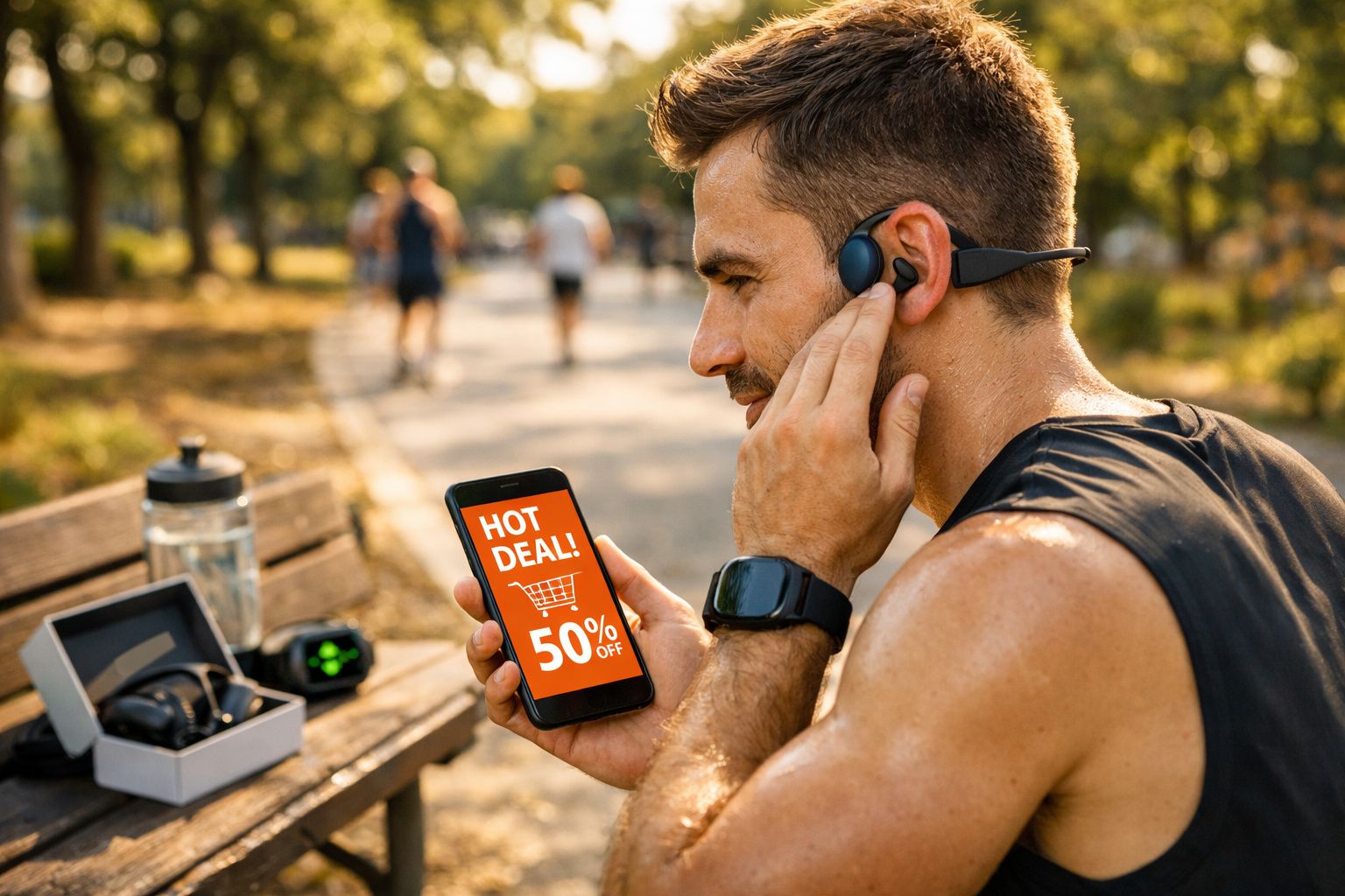 Homem com roupa esportiva usa fones de ouvido e olha celular com promoção de 50% off enquanto descansa em banco.