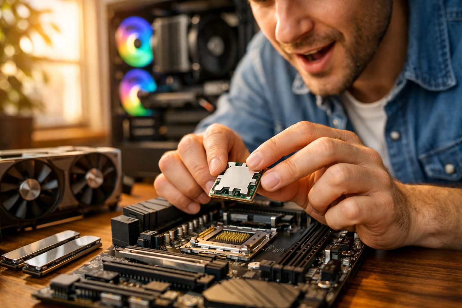 Homem montando computador, segurando processador perto da placa-mãe em ambiente com luz natural.