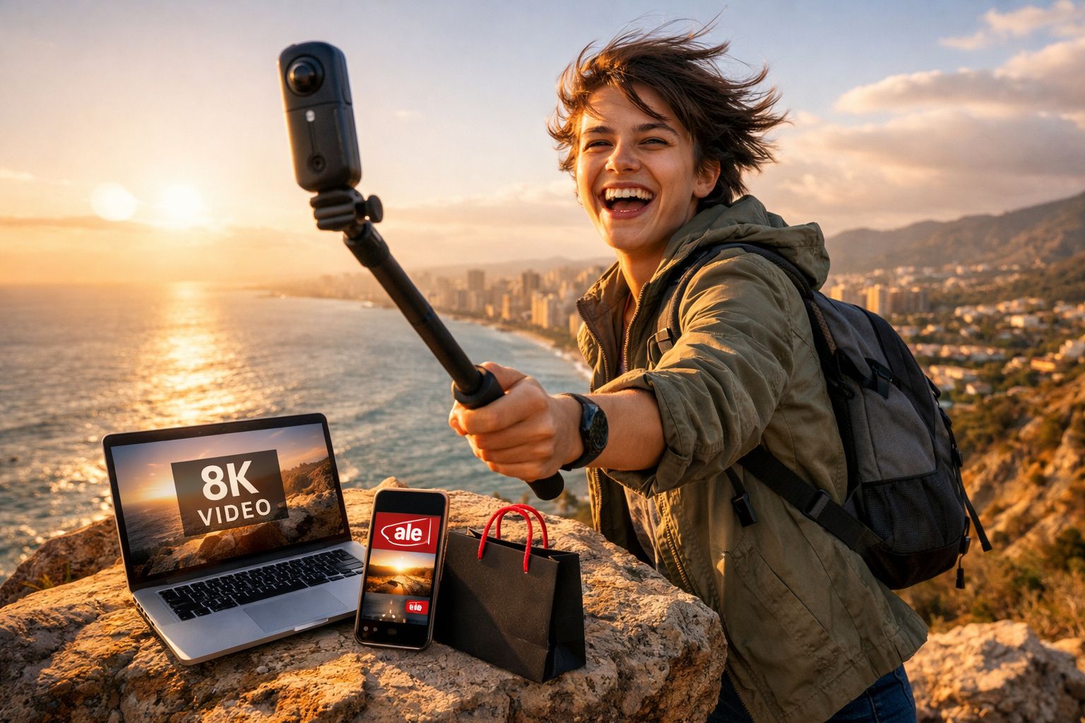 Jovem sorridente grava vídeo com bastão de selfie em área montanhosa à beira-mar ao pôr do sol.