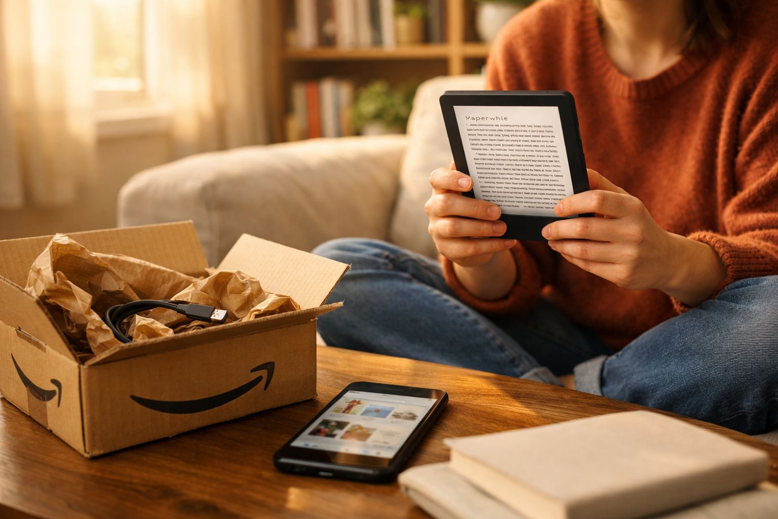 Pessoa sentada lendo em um e-reader, caixa da Amazon com cabo USB sobre a mesa e celular próximo.