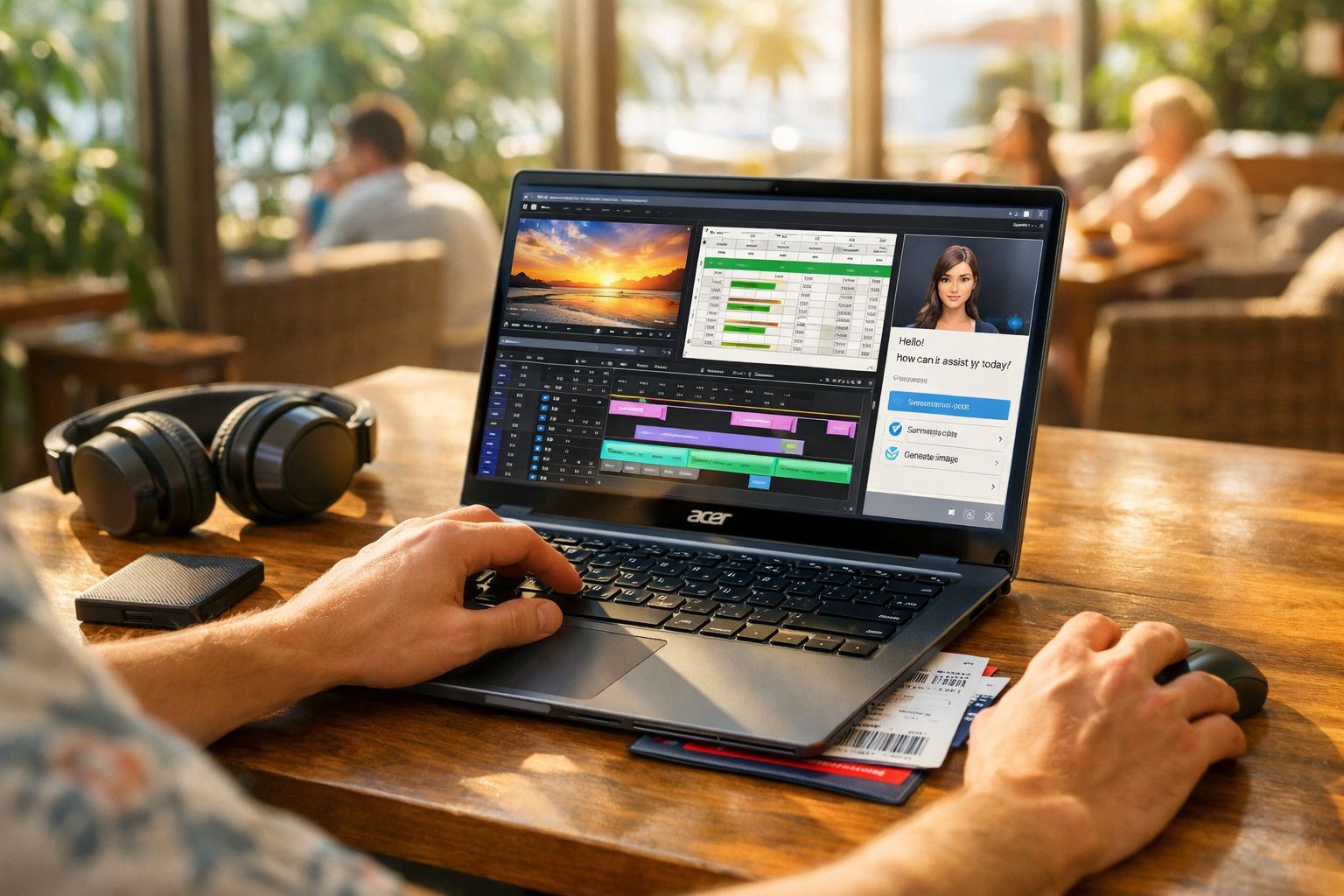 Pessoa editando vídeo em laptop Acer com aplicativo de assistência virtual aberto em ambiente iluminado.