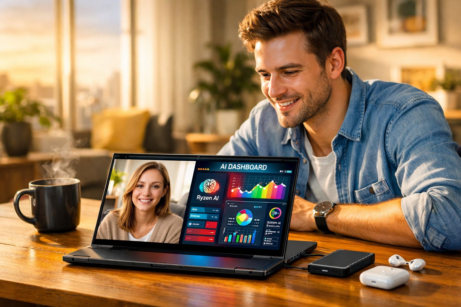 Homem sorrindo assiste videoconferência em laptop com gráficos e café ao lado em mesa de madeira.