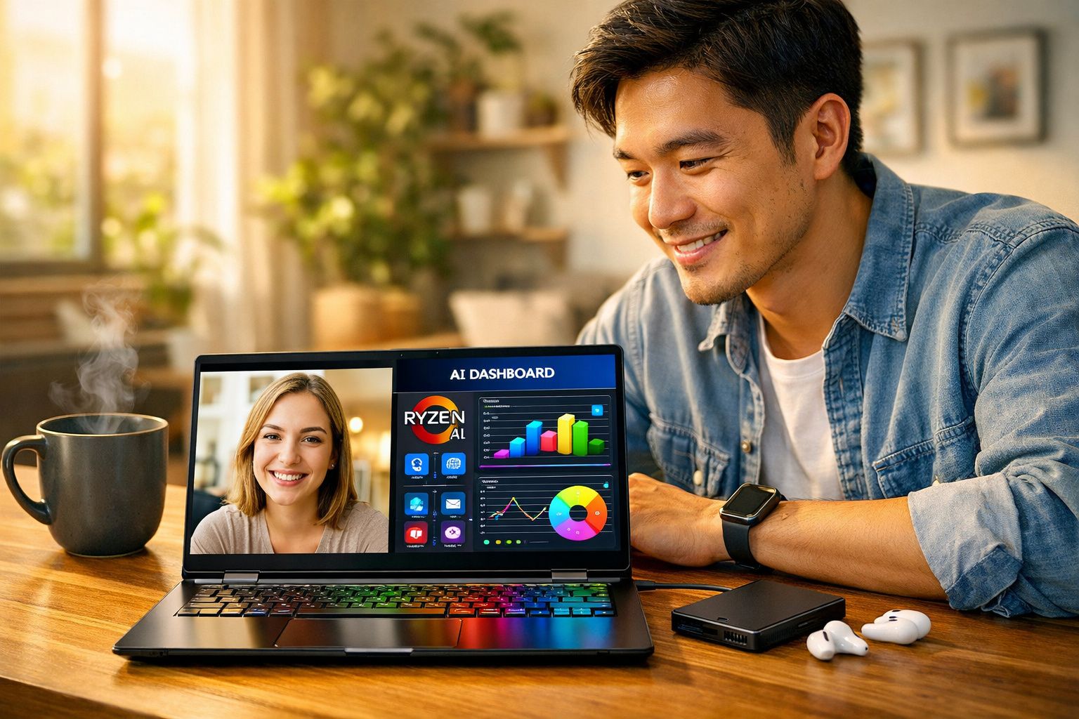 Homem sorrindo usa notebook com vídeo chamada e painel de gráficos coloridos em ambiente acolhedor.