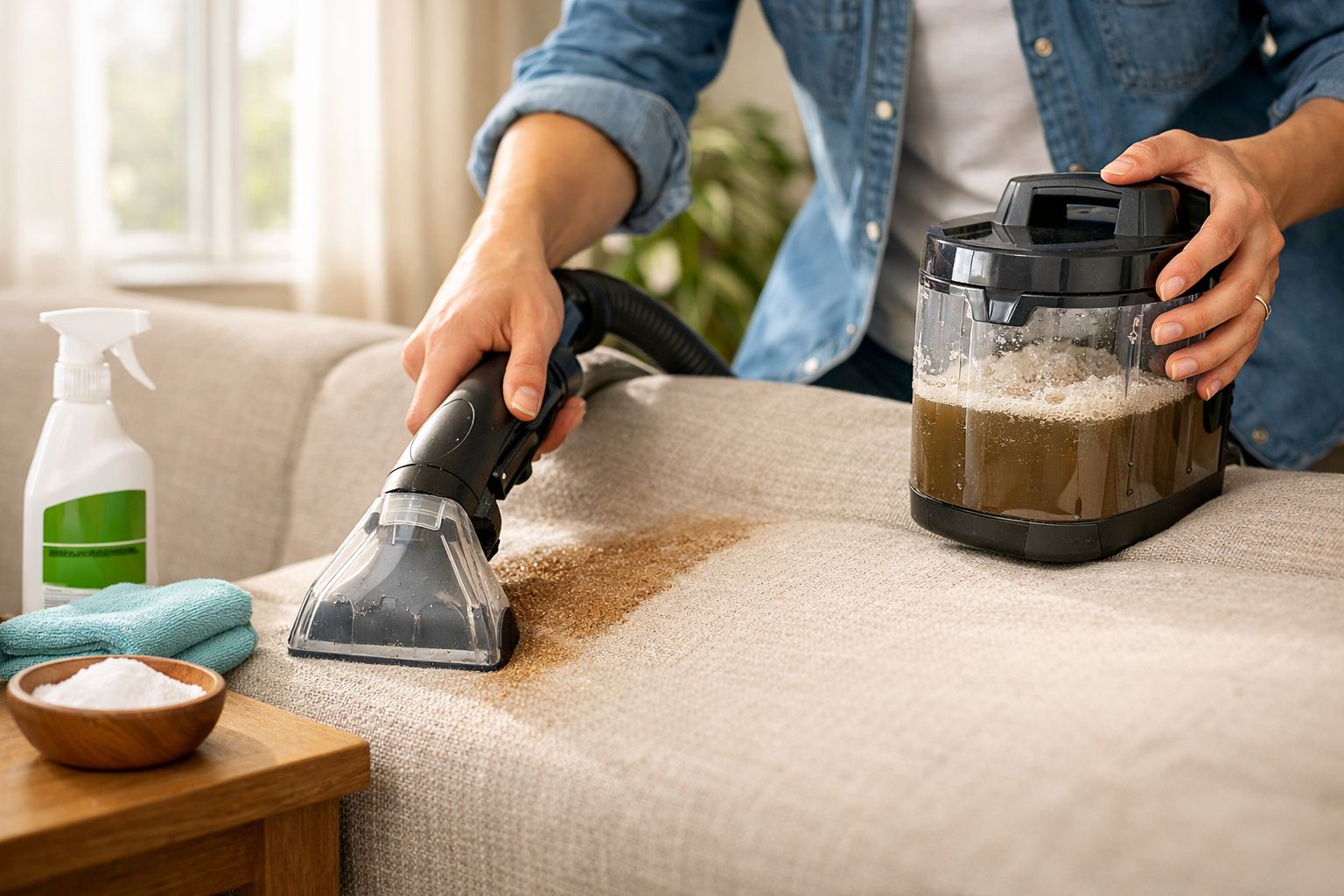 Pessoa limpando sofá bege com aspirador portátil e solução de limpeza em recipiente transparente.