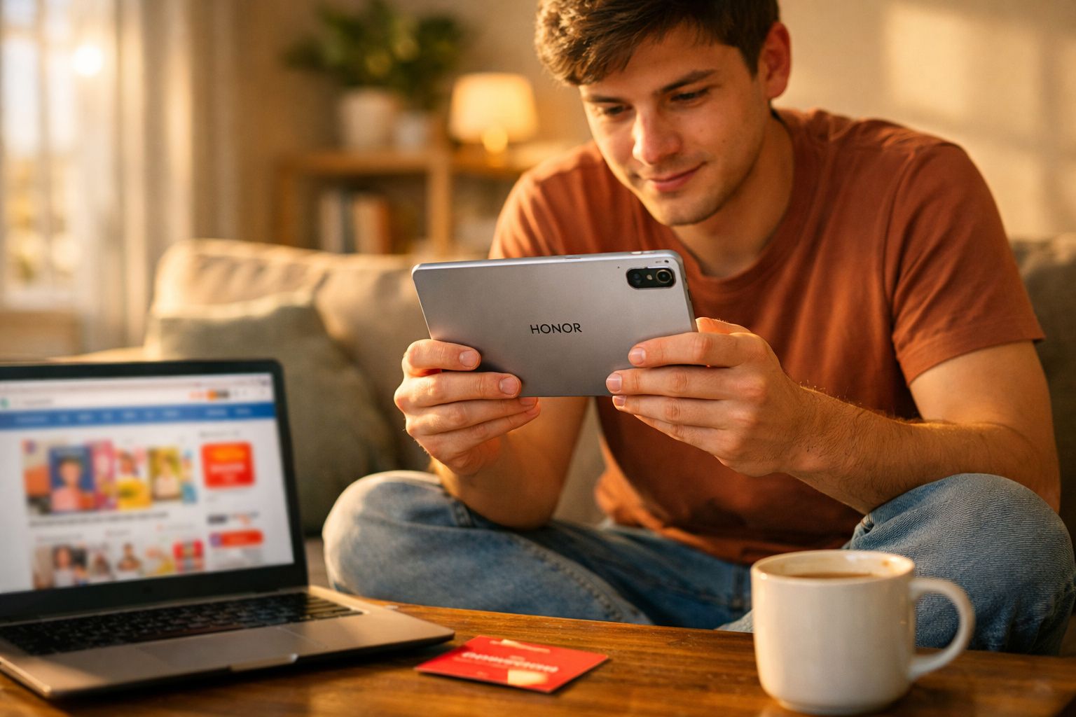 Jovem sentado no sofá usando tablet HONOR com laptop e caneca em mesa de madeira à frente.