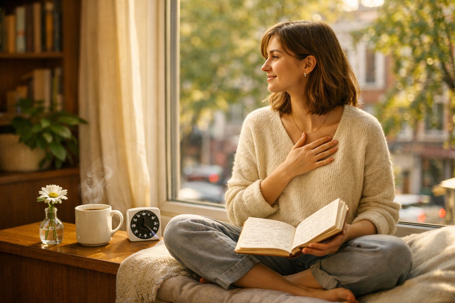 Mulher sentada na janela lendo livro, com xícara de café e flor na mesa ao lado em ambiente acolhedor.