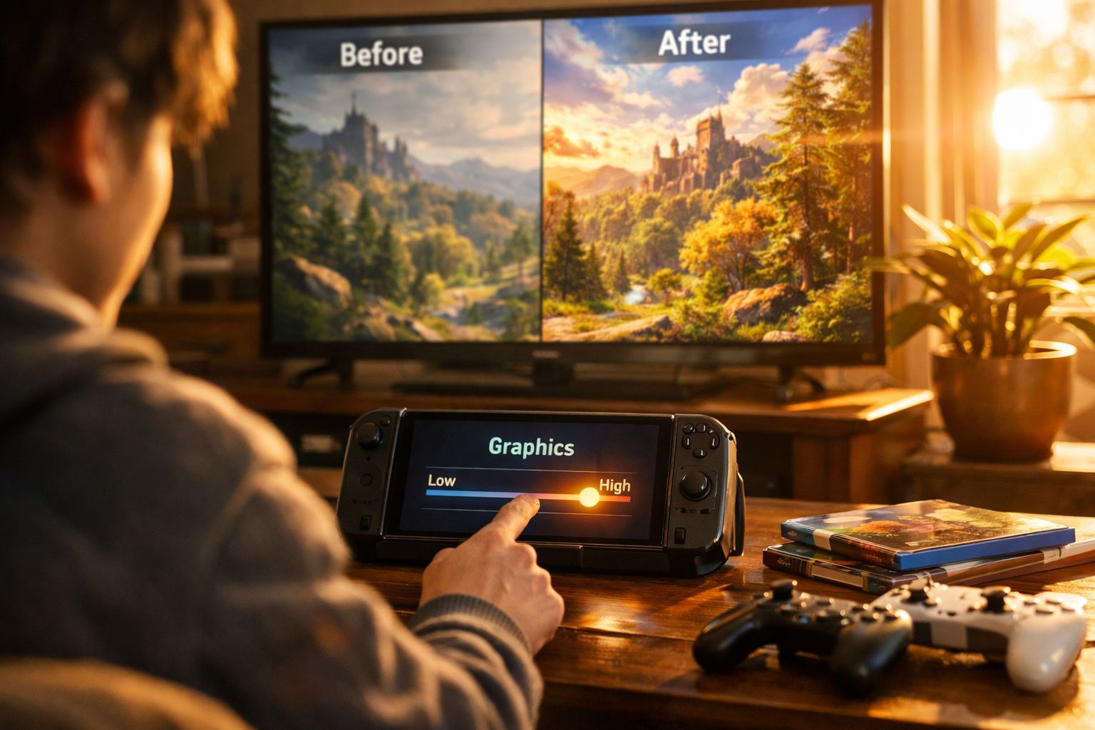 Pessoa ajustando configurações de gráficos em videogame com comparação de imagens antes e depois na TV.