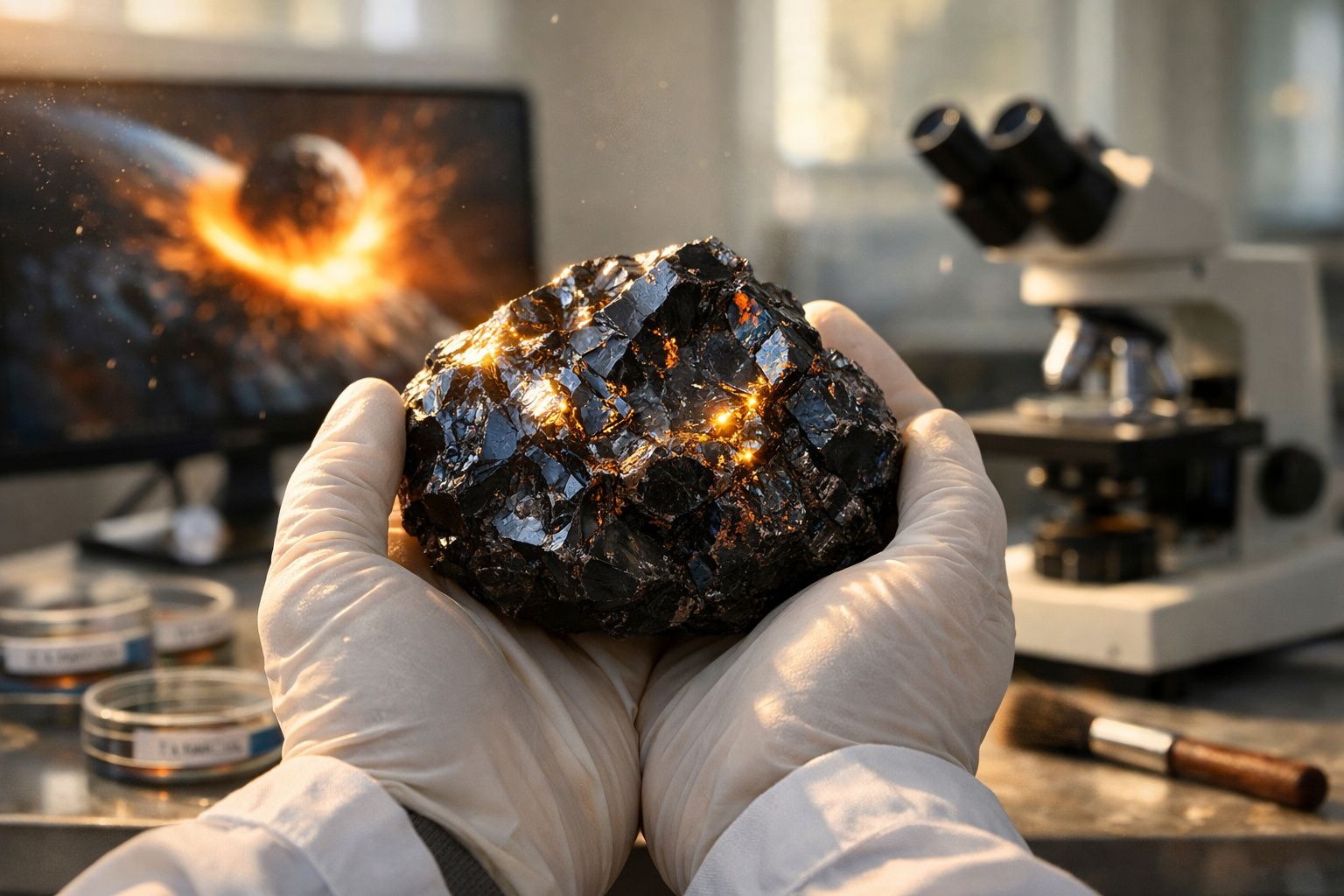 Mãos com luvas seguram meteorito negro brilhante em laboratório com microscópio e tela mostrando impacto no espaço.