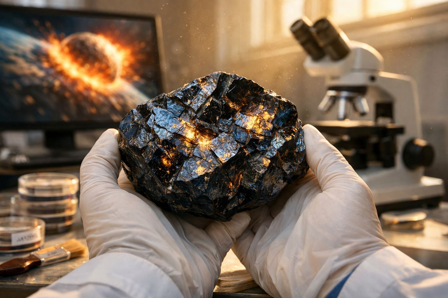 Mãos com luvas segurando um meteorito brilhante em laboratório com microscópio e tela ao fundo.