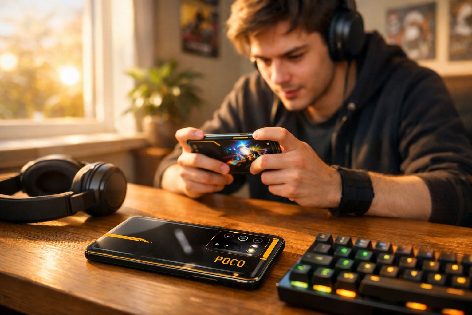 Jovem usando fones de ouvido jogando no celular enquanto outro celular Poco e teclado gamer estão sobre mesa de madeira.