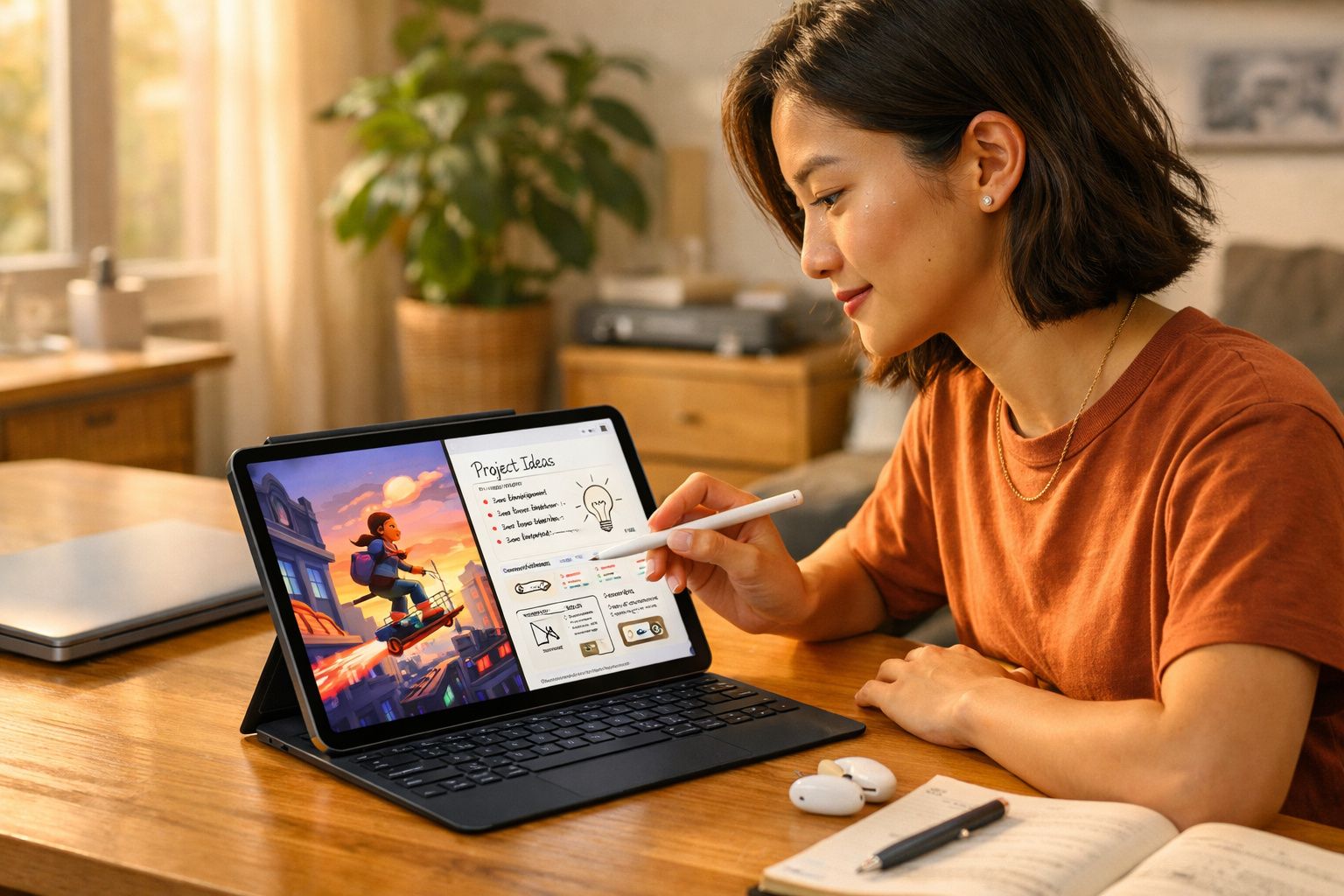 Mulher usando tablet com caneta digital, anotando ideias de projeto em mesa de madeira.