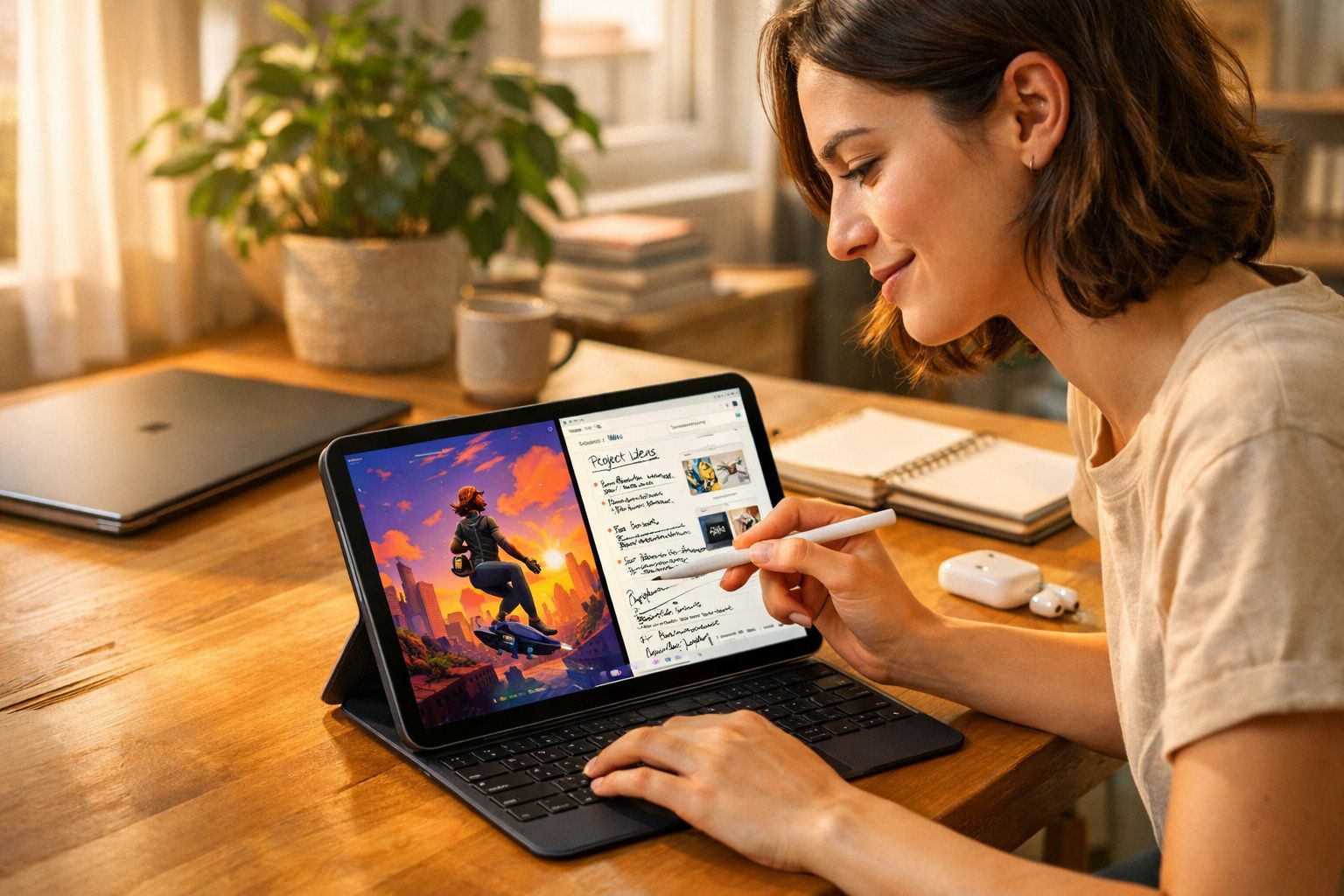 Mulher usando tablet com teclado e caneta digital para anotações sobre mesa de madeira.