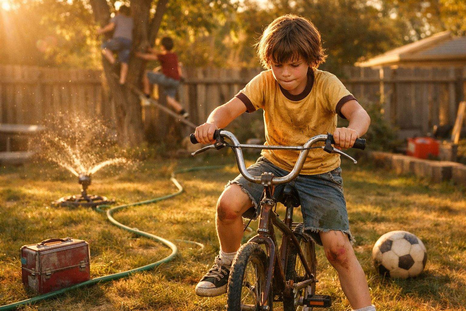 Menino com roupas sujas andando de bicicleta em quintal gramado com mangueira e bola de futebol ao fundo.