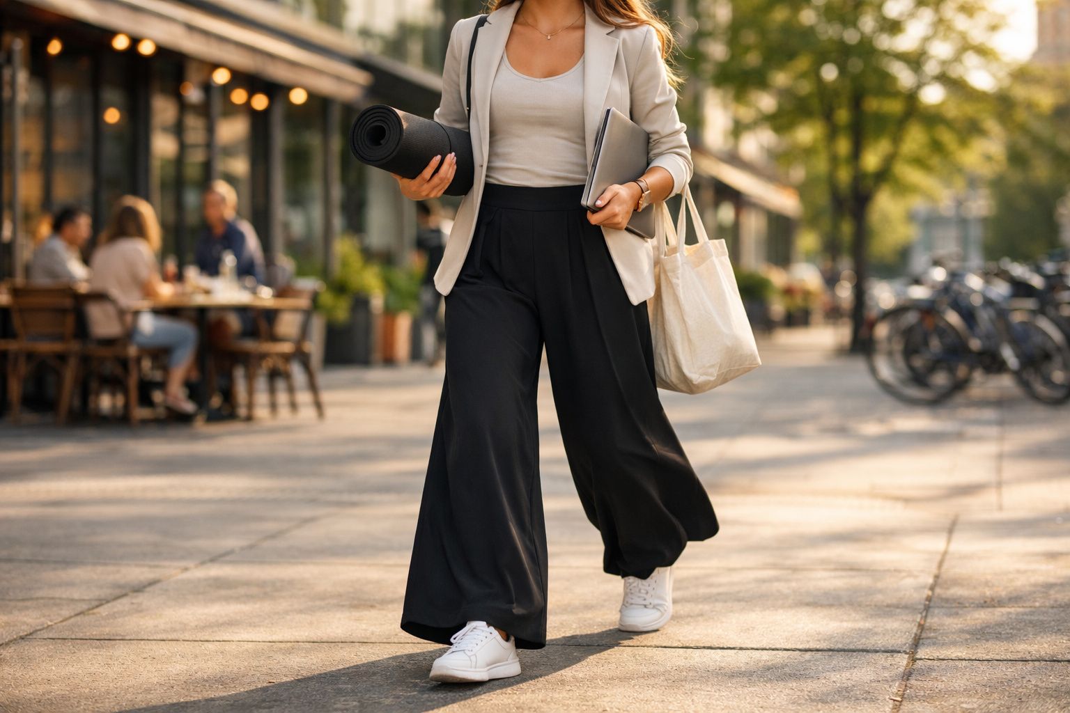 Pessoa caminhando na rua segurando tapete de yoga, notebook e bolsa, com árvores e bicicletas ao fundo.