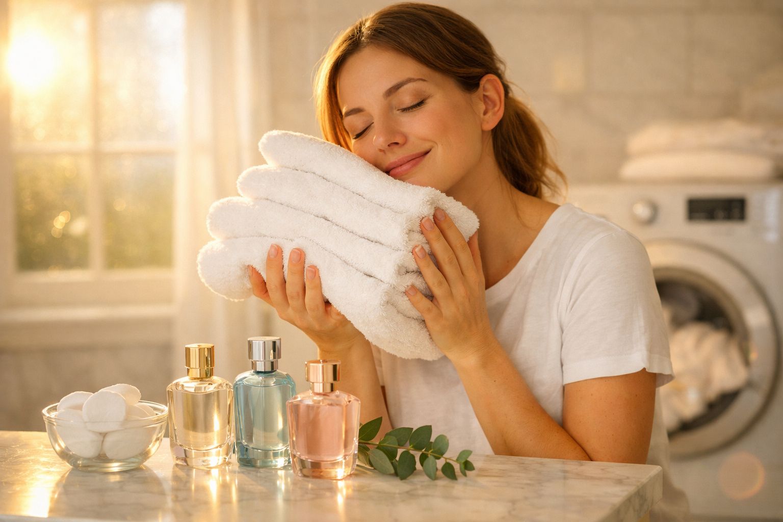 Mulher feliz segurando toalhas brancas macias perto de máquina de lavar em ambiente iluminado.