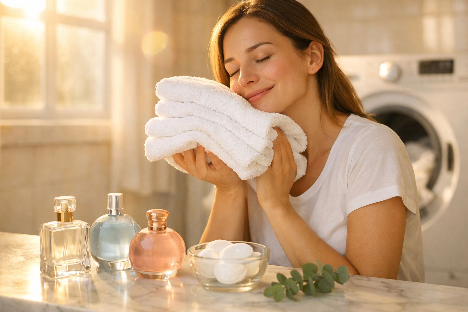 Mulher feliz segurando toalhas brancas macias com máquina de lavar ao fundo e frascos de perfume na mesa.