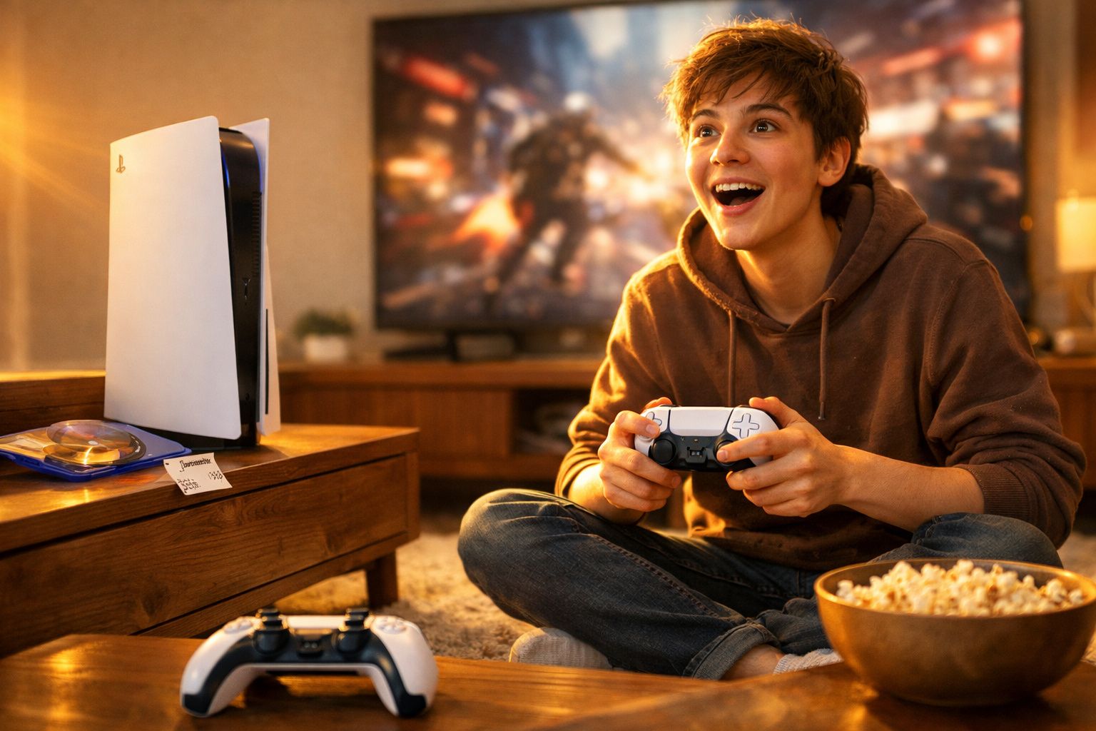 Jovem sorridente joga videogame em sala com controle, console e tigela de pipoca ao lado.