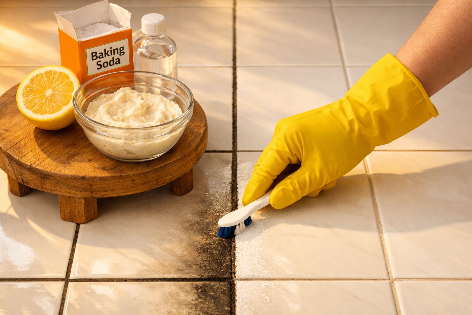 Mão com luva amarela limpando rejunte sujo de piso cerâmico com escova e bicarbonato de sódio.