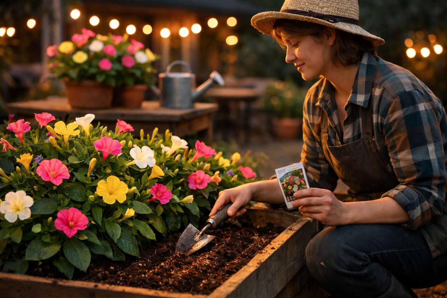 Jovem jardineira plantando flores coloridas em canteiro iluminado por luzes decorativas ao entardecer.