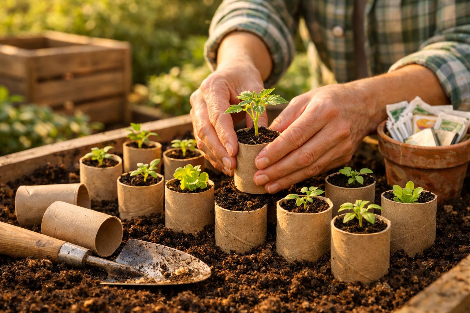 Mãos plantando mudas em pequenos vasos biodegradáveis sobre terra em ambiente de jardinagem ao ar livre.