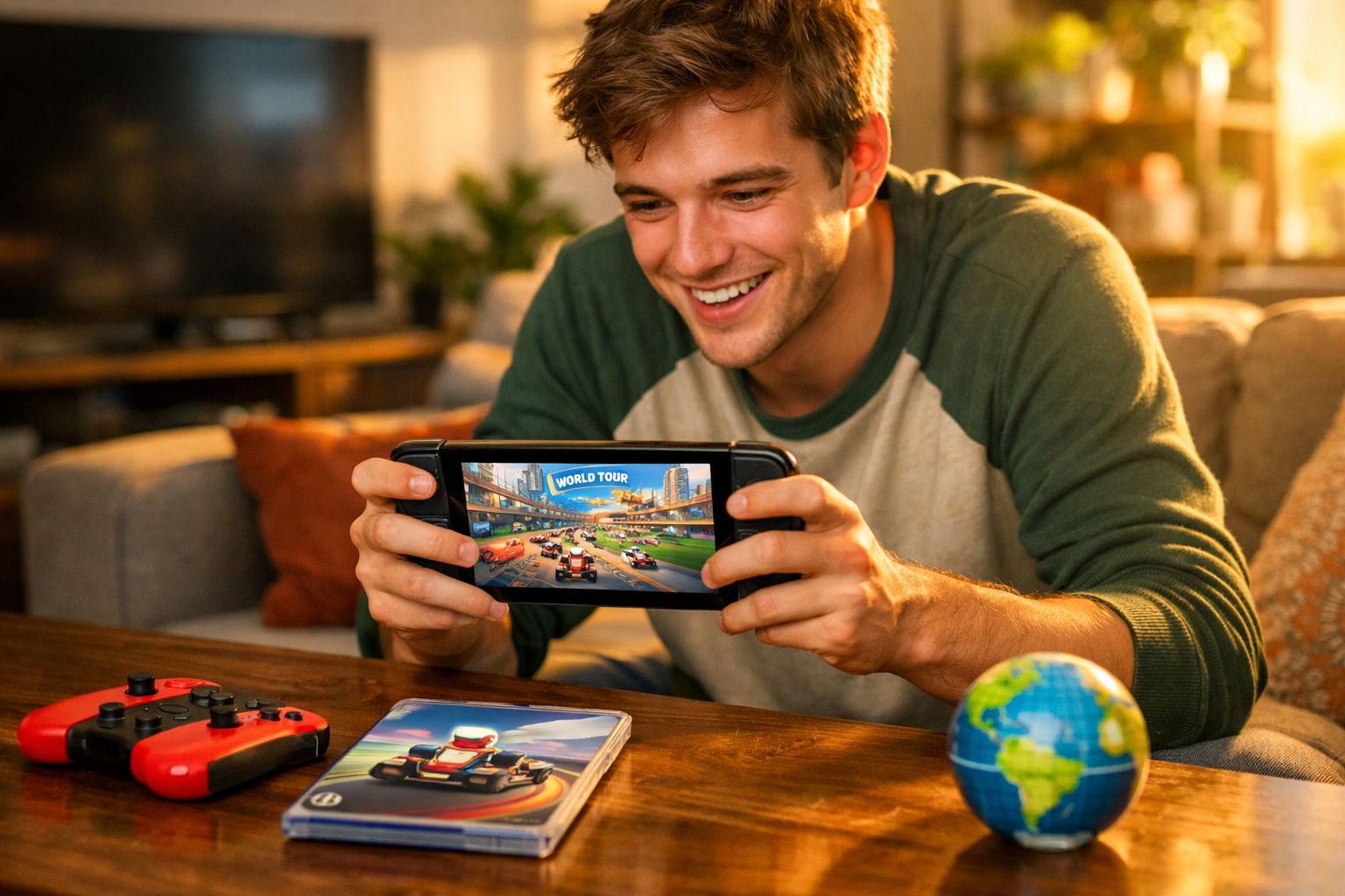 Jovem sorrindo enquanto joga um jogo de corrida em um celular, com controle e globo na mesa.