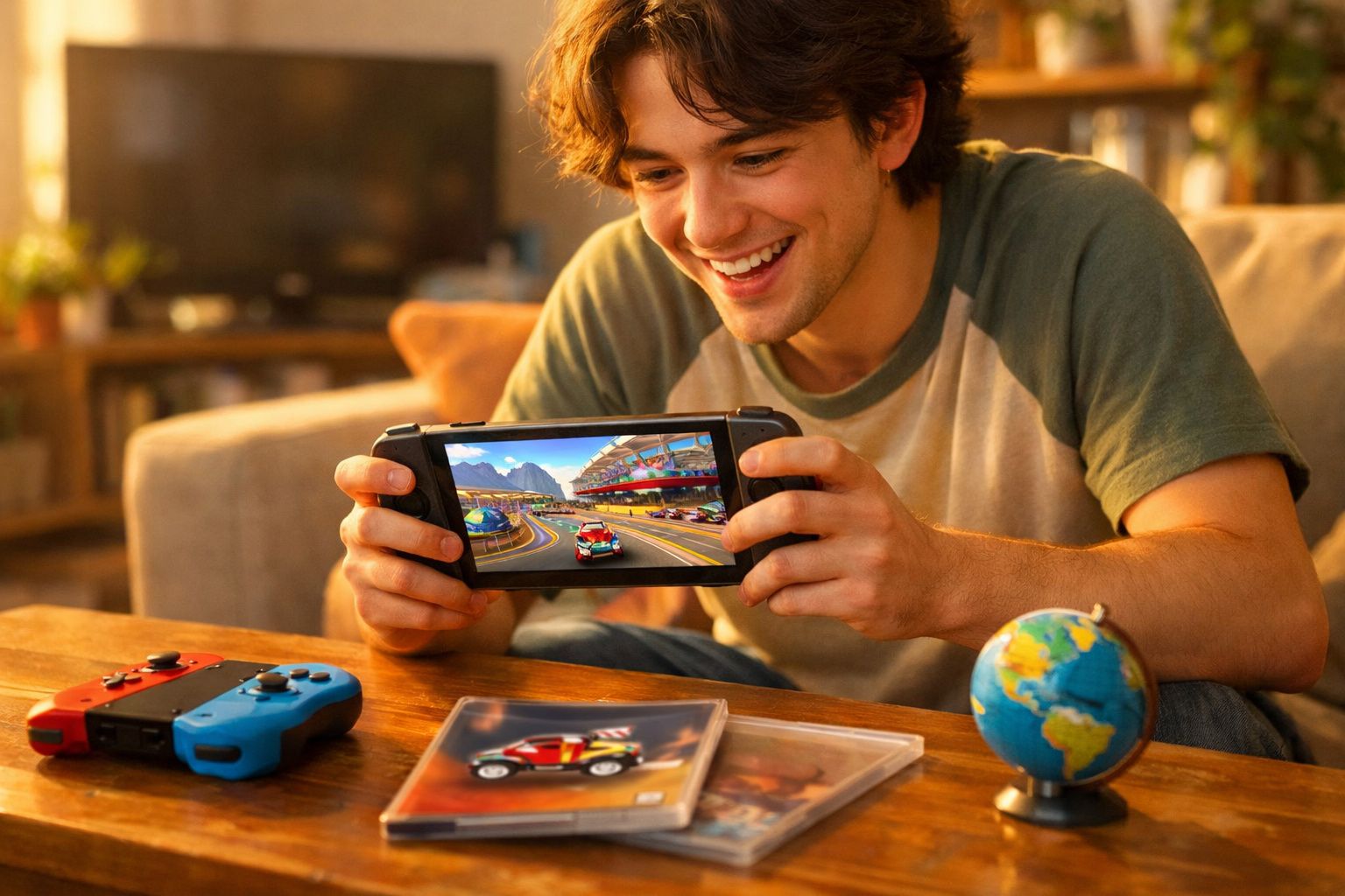 Jovem sorridente jogando videogame portátil com controles e globo terrestre sobre mesa de madeira.