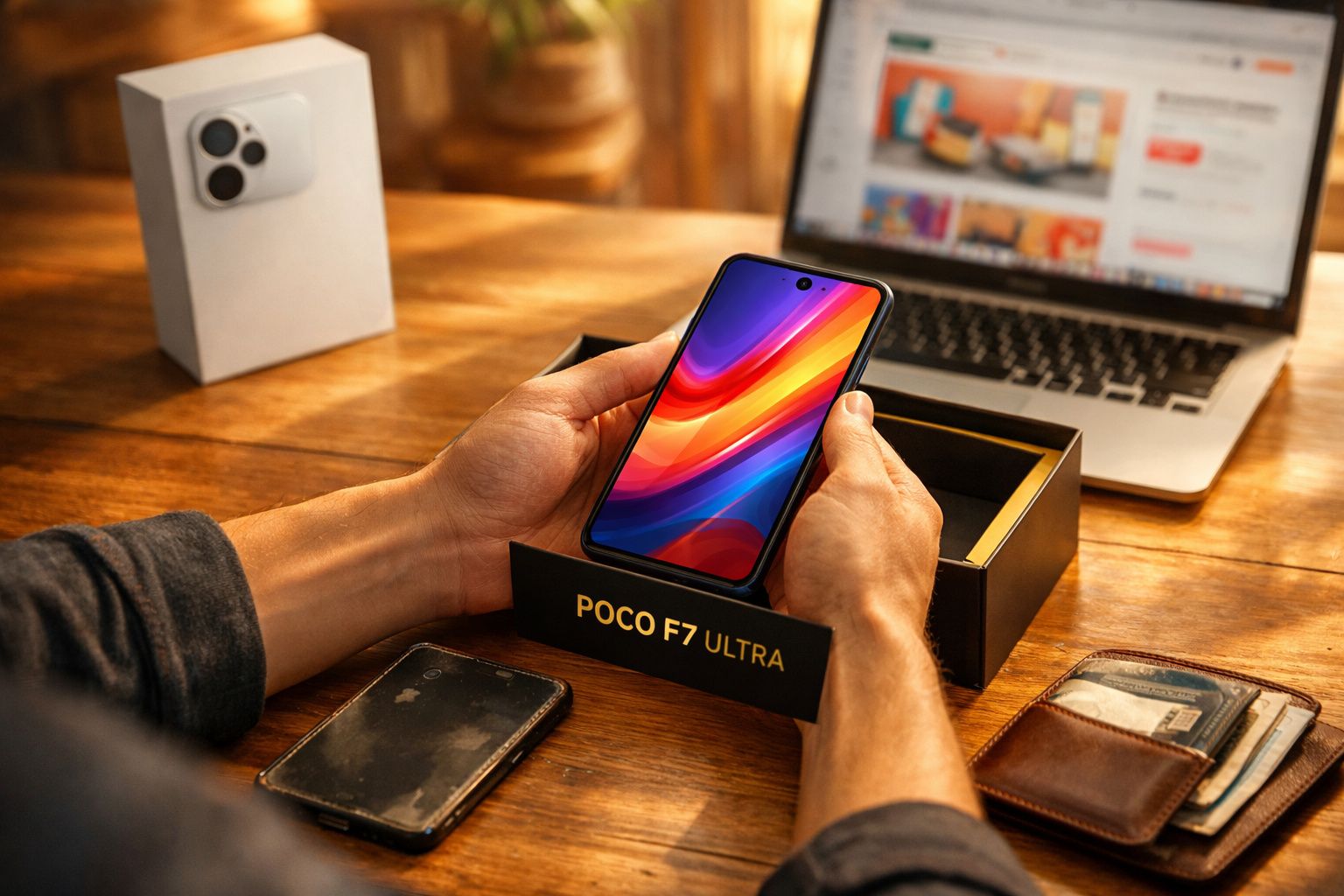 Pessoa segurando smartphone novo POCO F7 Ultra sobre caixa com notebook e carteira ao fundo.
