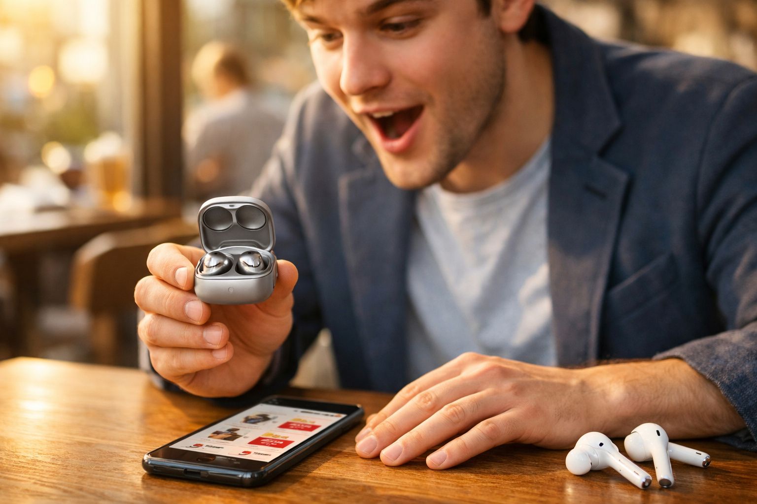 Homem sorrindo segurando estojo aberto com fones de ouvido sem fio, mesa com celular e fones AirPods.