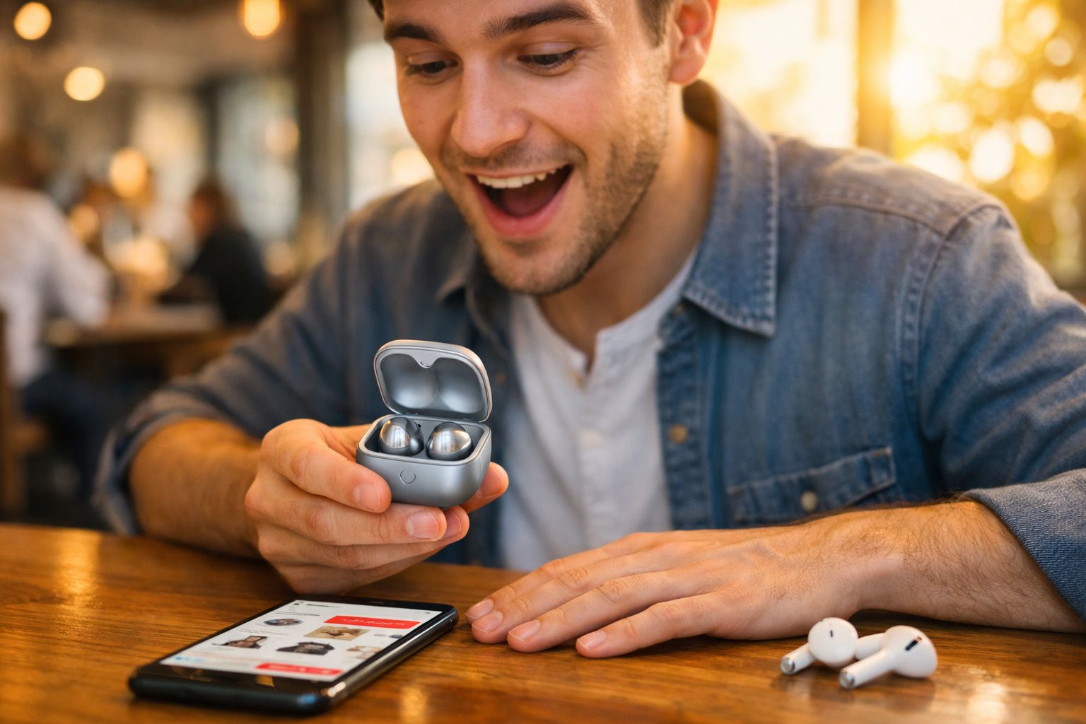 Homem sorridente olhando com entusiasmo para fones de ouvido sem fio em estojo aberto sobre a mesa.