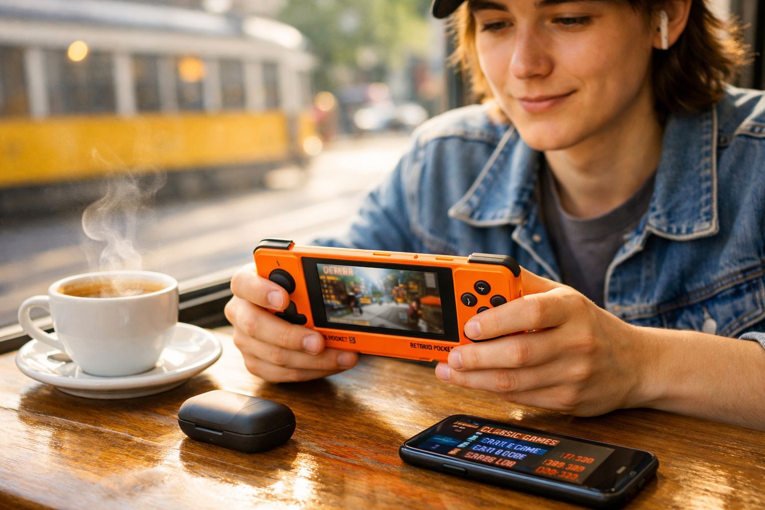 Pessoa jogando videogame portátil laranja em mesa com café, fones e celular ao lado.