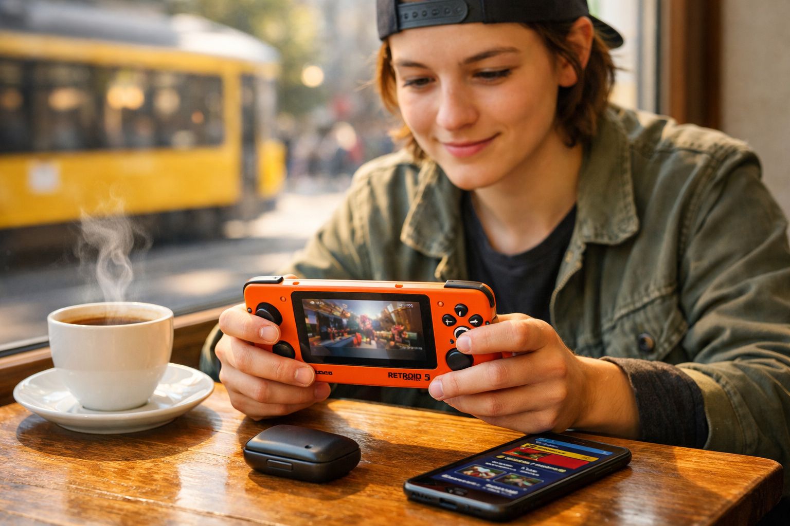 Pessoa jogando videogame portátil laranja em mesa com café, fone e celular, com janela ao fundo.