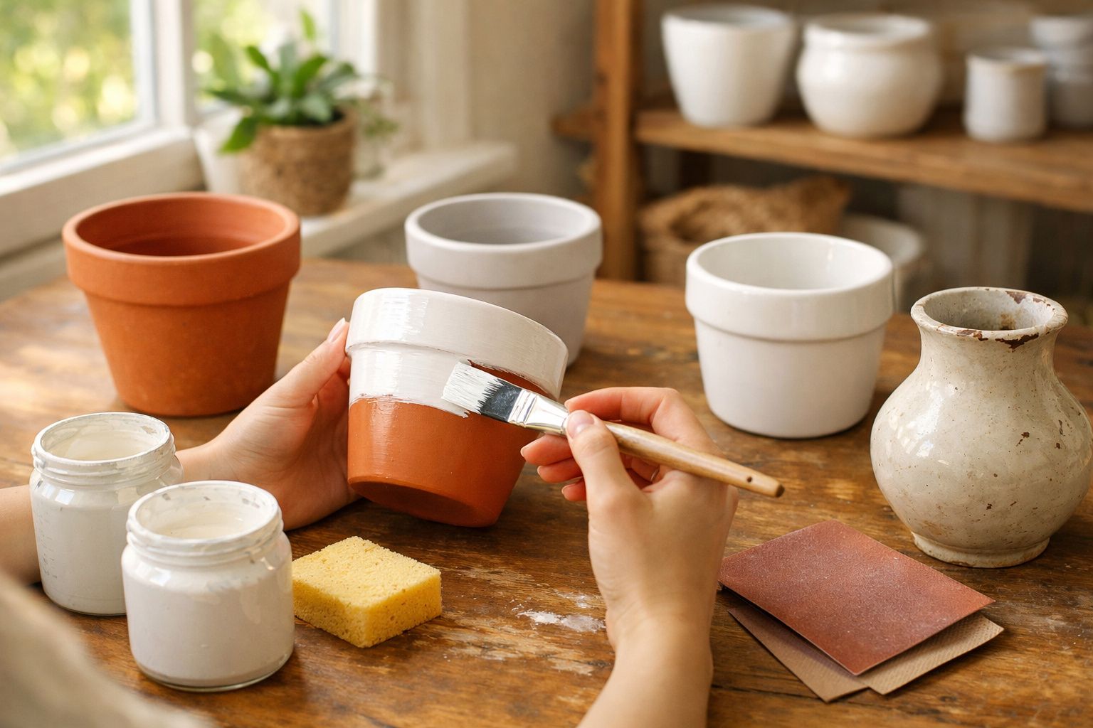 Pessoa pintando vaso de barro com tinta branca em mesa de madeira com outros vasos e materiais ao redor.
