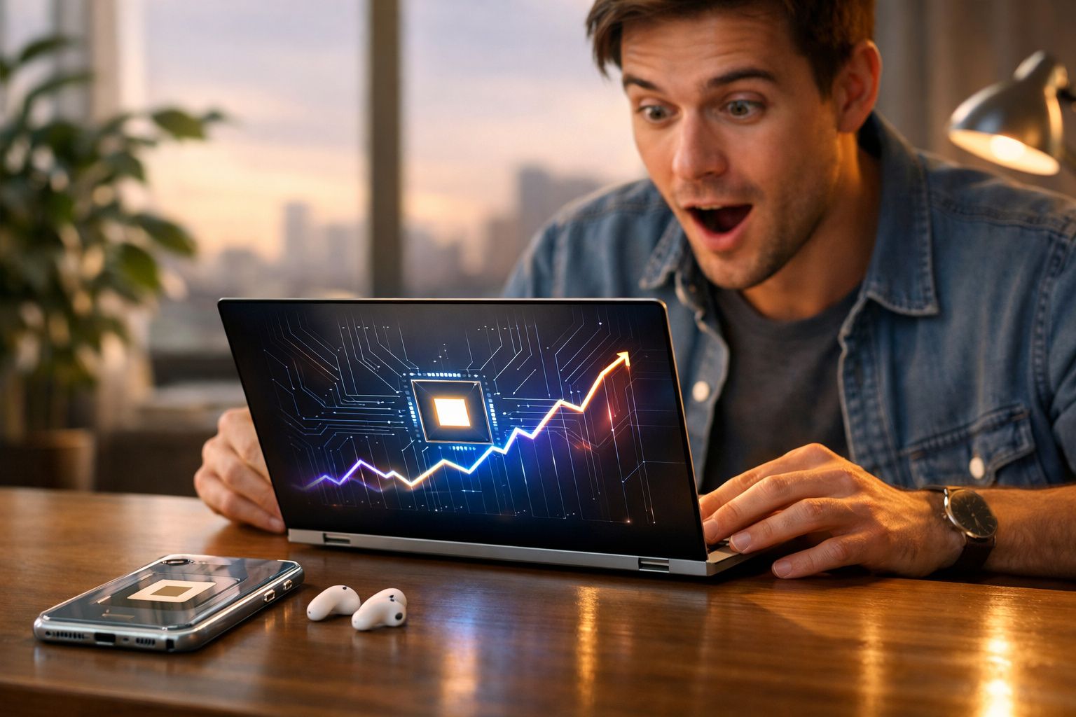 Homem surpreso olhando gráfico de crescimento em laptop, com chip eletrônico destacado na tela.