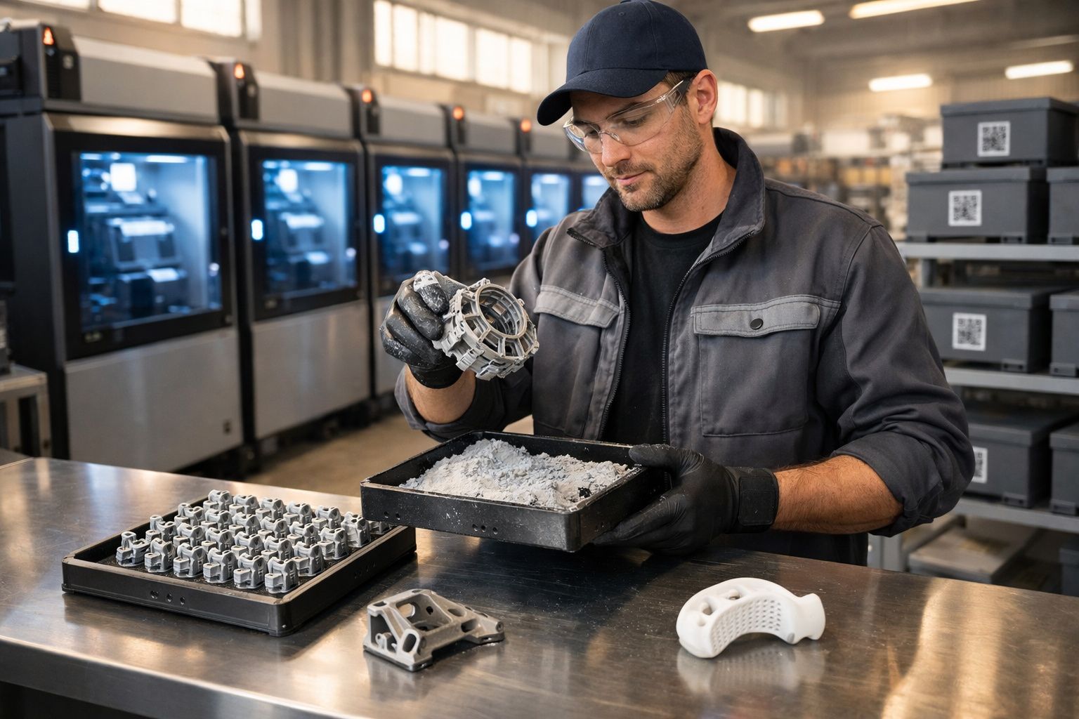 Homem com luvas segurando peça metálica em fábrica com impressoras 3D industriais ao fundo.